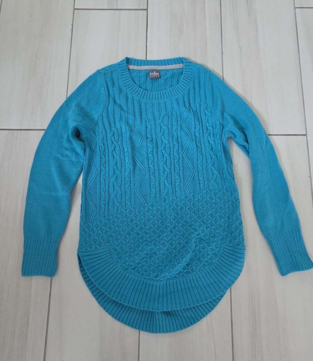 Soho Jeans New York & Company Bright Blue Cable Knit Curved Hem Sweater